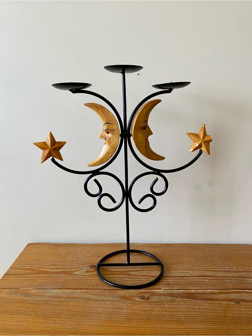 Black Metal Wood Celestial Moon & Star Candle Holder